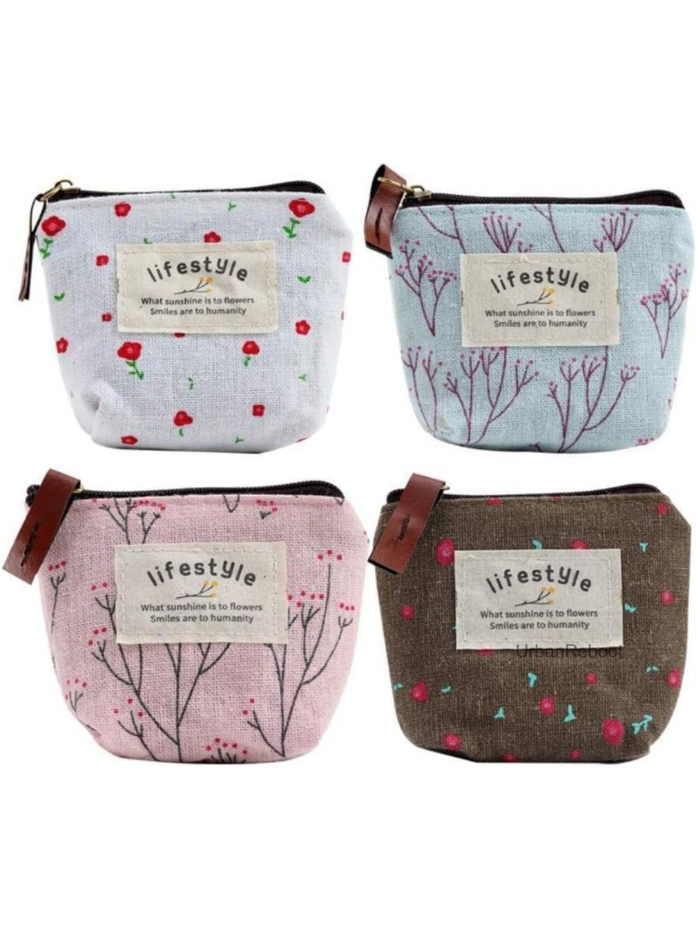 Mini Canvas Coin Purse Set Flower Pattern Zipper Pouch for Cash Keys Cards